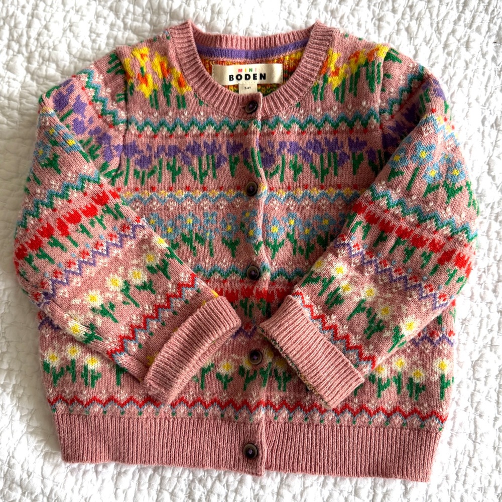 Mini Boden Kids Pink Fair Isle Cardigan Sweater